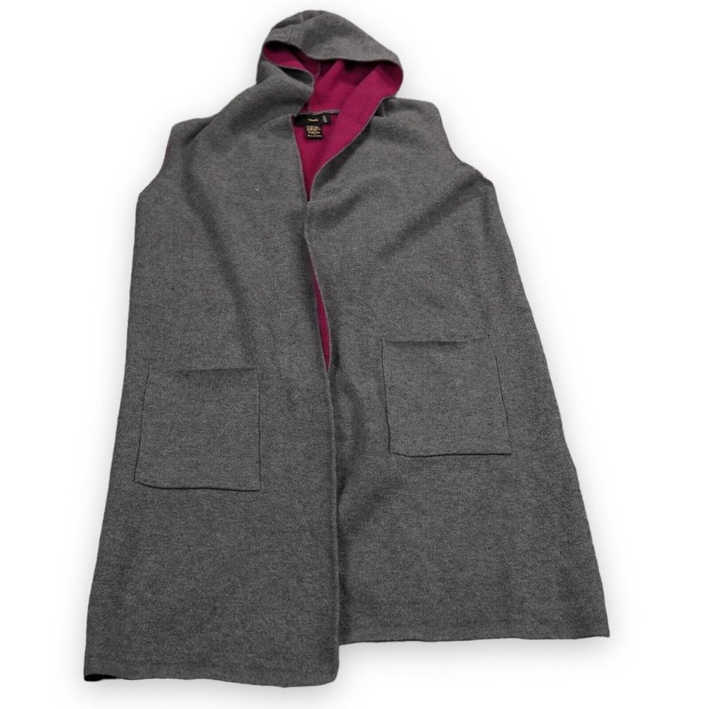 Rain Sweater Womens Medium‎ Gray Plum Open Cardigan Vest Pockets Long Hooded